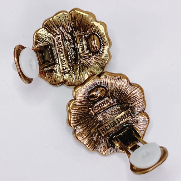 VTG Signed Heidi Daus Gold Tone Floral Clip On Earrings Glass Rhinestone Vibrant - Picture 8 of 9
